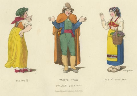 Costume Print: Italian Gestures with Traditional Dress, 1820s Engraving, close-up 1