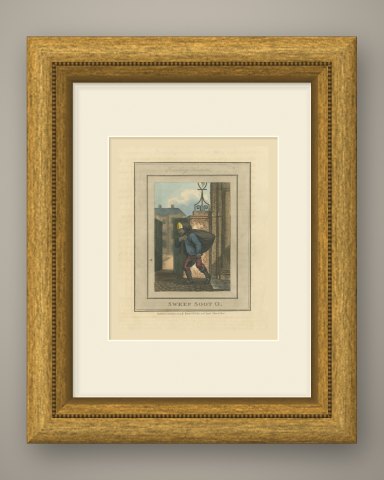 Chimney Sweep with Soot Bag at the Foundling Hospital, Cries of London, 1804, shown framed
