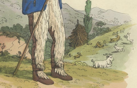 Costume Print: Italian Goatherd in the Hills, 1820s Hand-Colored Engraving, close-up 2