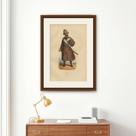 Traditional Eleuth Warrior Attire in 1844 Hand-Colored Lithograph, shown framed on a wall