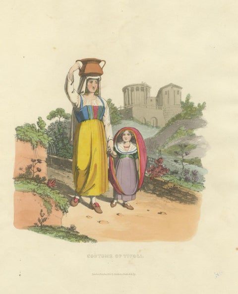 Tivoli Costumes & Temple of Vesta - 1819 Etching of Italian Heritage, close-up 5