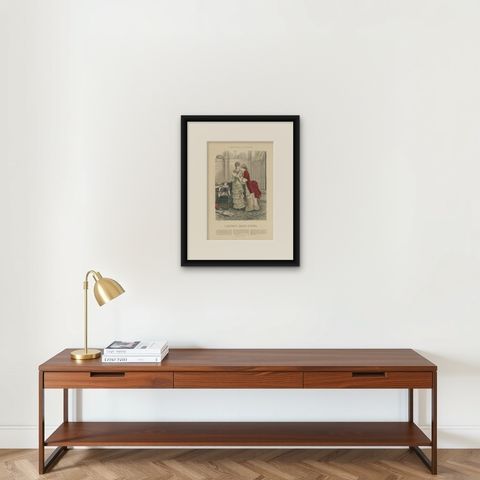 Antique Fashion Print of Two Ladies and a Girl, by Marquart, 1881, shown framed on a wall