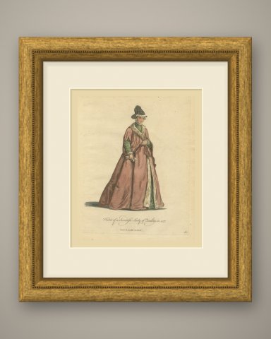 Habit of a Swedish Lady of Quality in 1577, Jefferys Costume Plate, 1757, shown framed