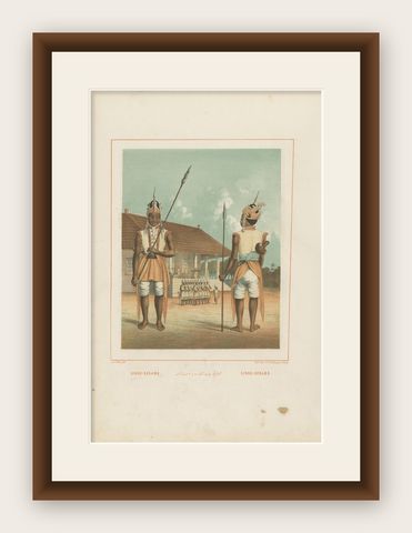 Antique Print of Javanese Guards Dressed in Ornamental Costume by Van Pers, shown framed