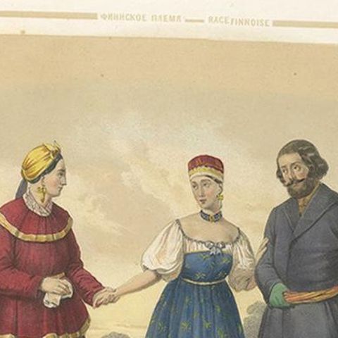 Antique Costume Print of Peasants from Olonets in Russia, circa 1860, close-up 1