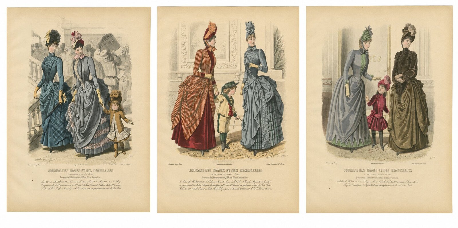 Set of 3 Antique French Fashion Plates, Paris Ladies & Children Scenes, c.1880