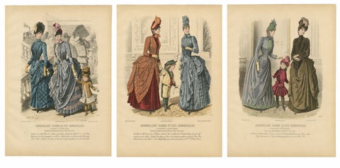 Set of 3 Antique French Fashion Plates, Paris Ladies & Children Scenes, c.1880