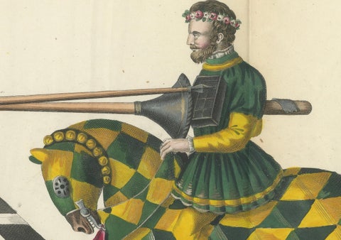 19th-Century Hand-Coloured Lithograph of Jousting Gentlemen in Vibrant Attire, close-up 1
