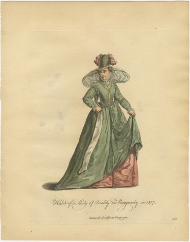 Lady of Quality in Burgundy in Green Gown and Plumed Hat, Costume of 1577, 1757, view 2