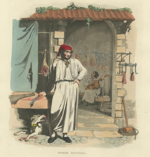Costume Print: Roman Butcher at Work, 1820s Hand-Colored Engraving, close-up 5
