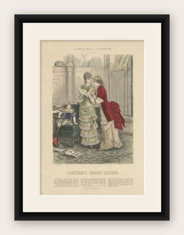 Antique Fashion Print of Two Ladies and a Girl, by Marquart, 1881, shown framed