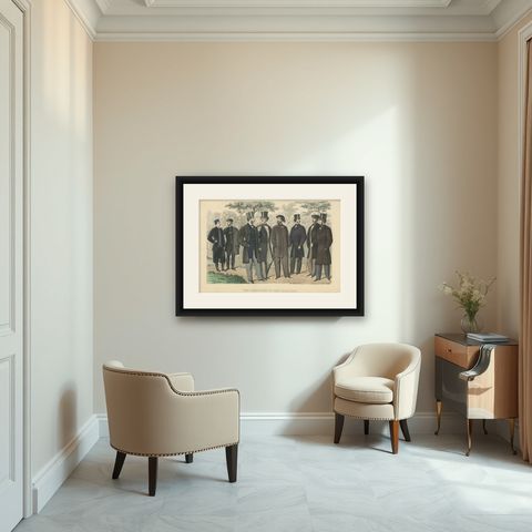 Antique Fashion Prints Showing the Trends of Men in the Year 1861, shown framed in a room