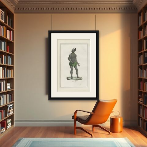 Antique Costume Print of Tattooed Man from Byron Island, 1854, shown framed in a room