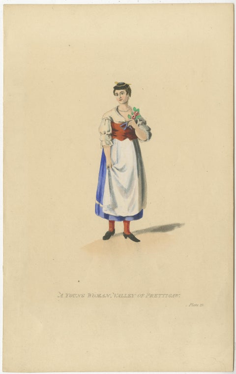 Original Antique Print of a Young Woman from Prättigau, Switzerland, ca.1815, view 2