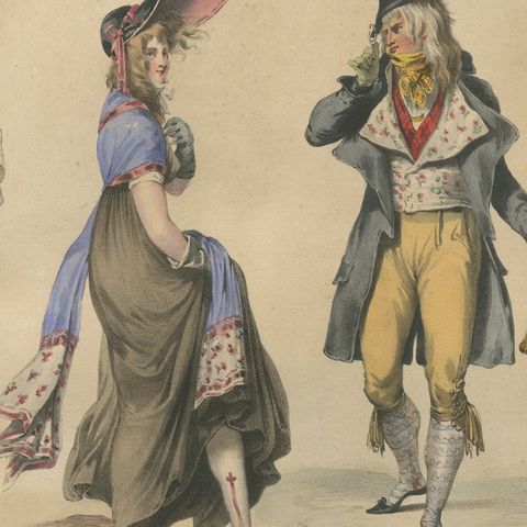 French Directoire Period Costume Lithograph, 1794, Published 1847, close-up 2