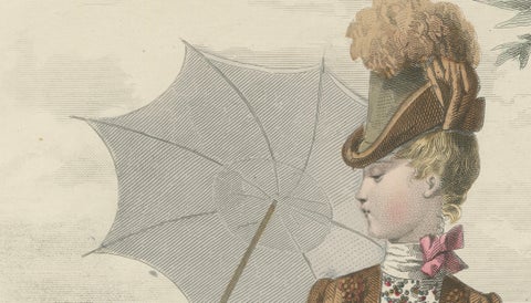 French Fashion Print, Ladies with Parasol & Child Scene, Hand-Colored, c.1887, close-up 5