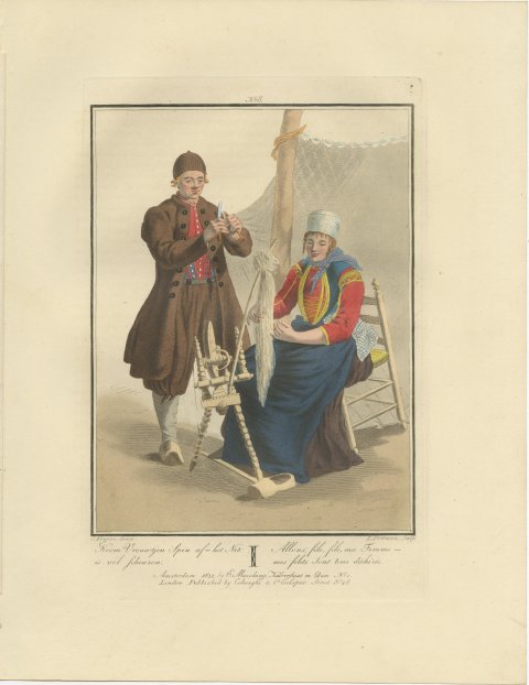 Fisherman and Wife mending the Net, Dutch Costume Print, 1811, view 2
