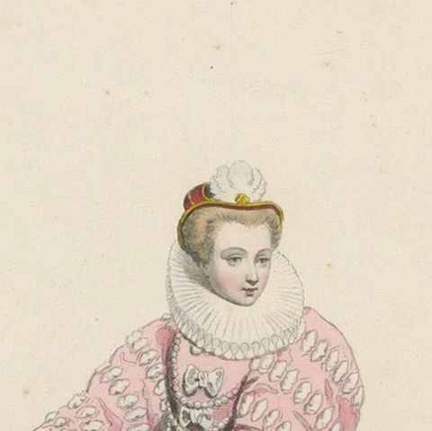 Antique French Costume Print of a Lady of the Court, Reign of Henri III, ca.1860, close-up 5