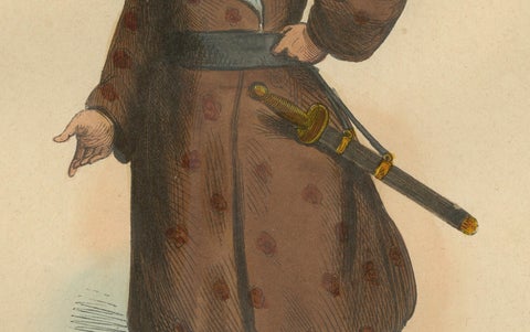 Traditional Eleuth Warrior Attire in 1844 Hand-Colored Lithograph, close-up 3