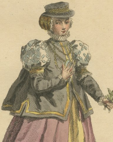 Lady of Quality of Alsace Holding a Rose, Costume of 1577, Jefferys 1757, close-up 1