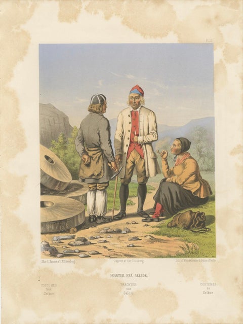 Selbu Regional Dress, Norwegian Folk Attire with Stone Quarry Scene, c.1860, close-up 6