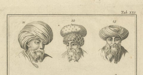 Antique Ottoman Turban Study, 18th Century Costume Headgear Engraving, ca.1774, close-up 1