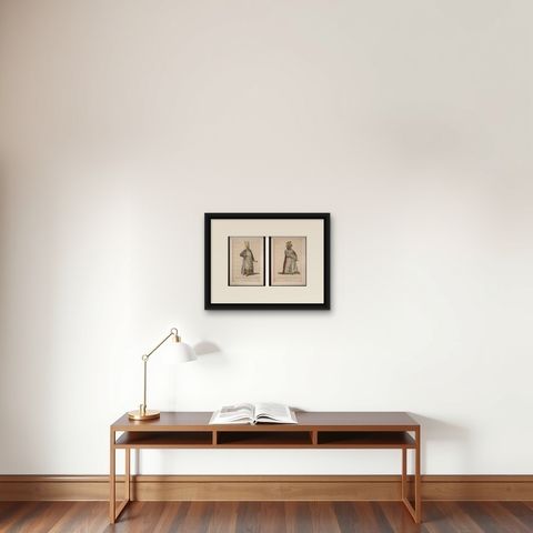 Ottoman Court Figures, Hand-Colored Costume Engravings Pair, c.1749, shown framed on a wall
