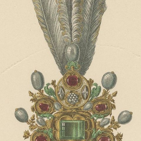 Antique Print of Hat Jewelry with Feathers by Hefner-Alteneck '1890', close-up 2