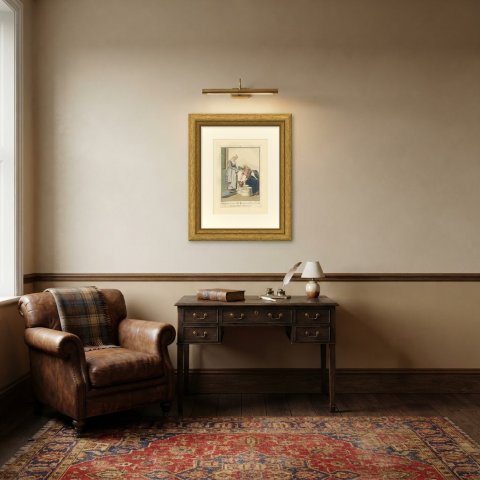 Milk Measuring at the Door, Dutch Costume Print, Maaskamp, 1811, shown framed in a room