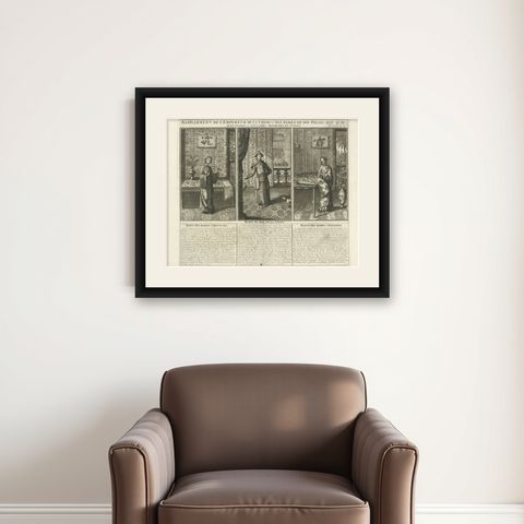 Antique Chinese Court Costume Engraving, Emperor & Palace Ladies, ca.1720, shown framed on a wall