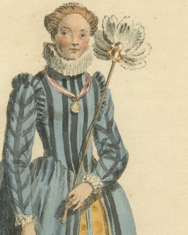 English Lady of Quality in 1588 with Feather Fan, Jefferys Costume Print, 1757, close-up 1