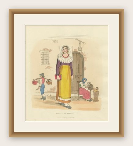 Italian Costume, Female of Vercelli, Hand-Coloured Print by R. Bridgens, 1835, shown framed