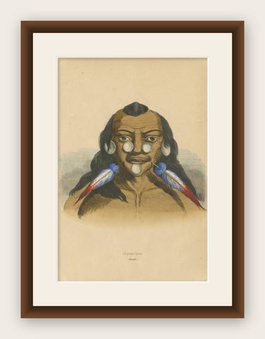Antique Costume Print of a Brazilian Warrior by Wahlen, 1843, shown framed