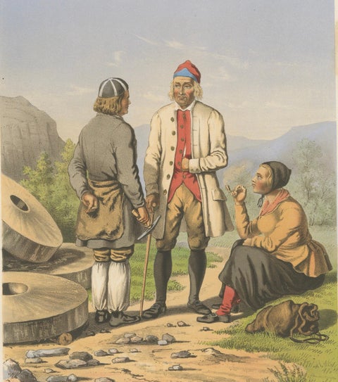 Selbu Regional Dress, Norwegian Folk Attire with Stone Quarry Scene, c.1860, close-up 4