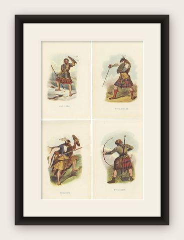 Set of 4 Original Antique Prints of Costumes of the Clans of Scotland, shown framed