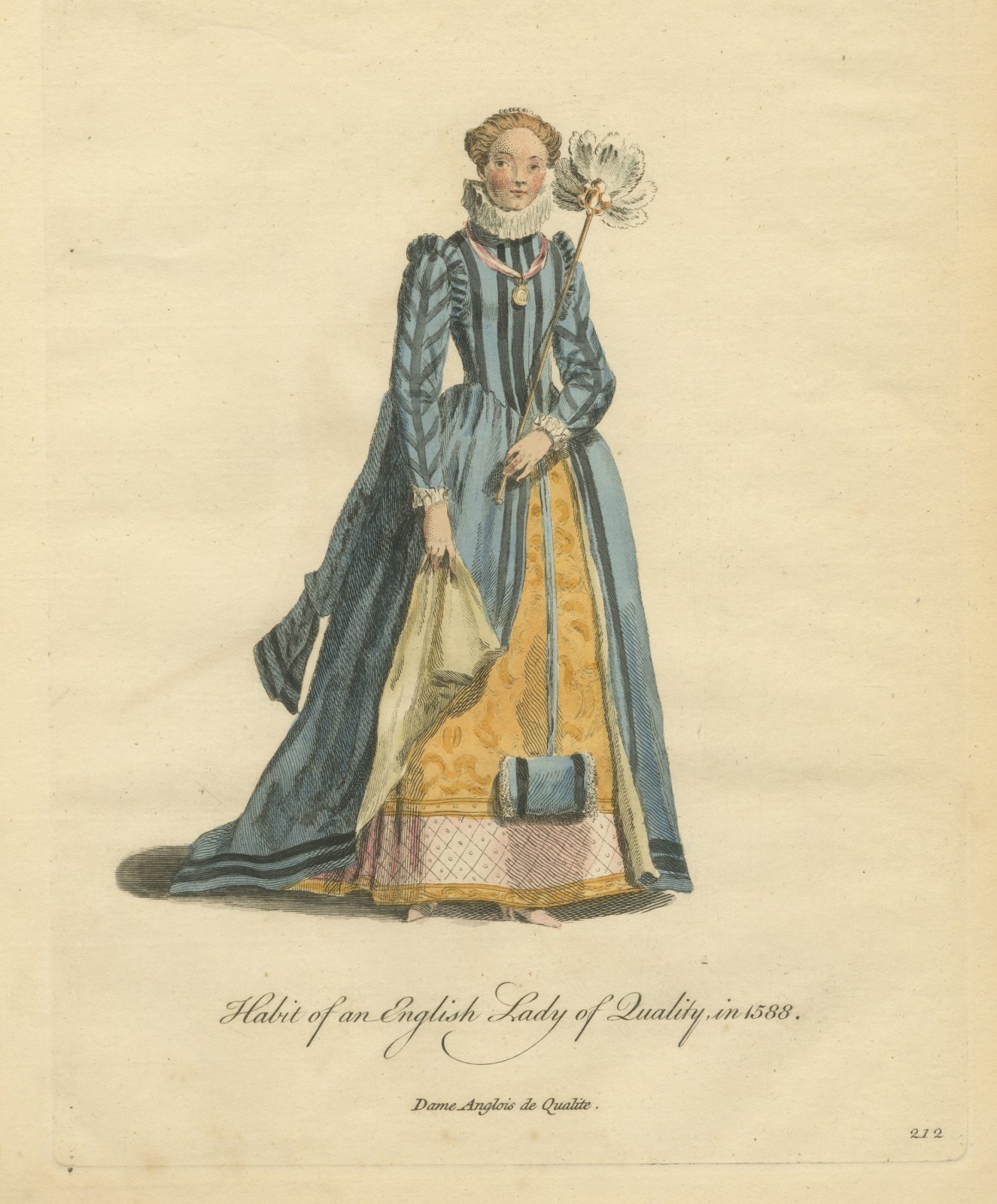 English Lady of Quality in 1588 with Feather Fan, Jefferys Costume Print, 1757