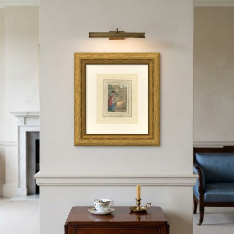 New Potato Seller at the Middlesex Hospital, Cries of London, 1804, shown framed on a wall