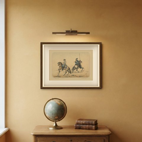 Spanish Cavalry, Two Horsemen in Cocked Hats, One with a Lance, Villegas, 1861, shown framed on a wall