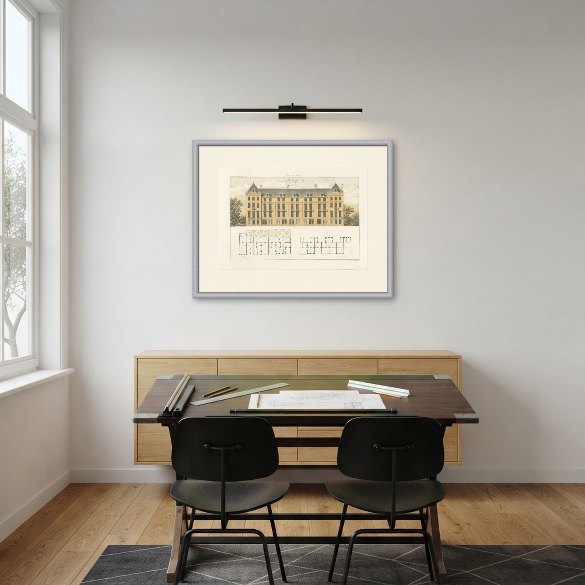 Terrace of Seven Houses, Amsterdam, Dutch Architecture Print, Leliman, 1865-1866, shown framed in a room