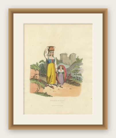 Tivoli Costumes & Temple of Vesta - 1819 Etching of Italian Heritage, shown framed