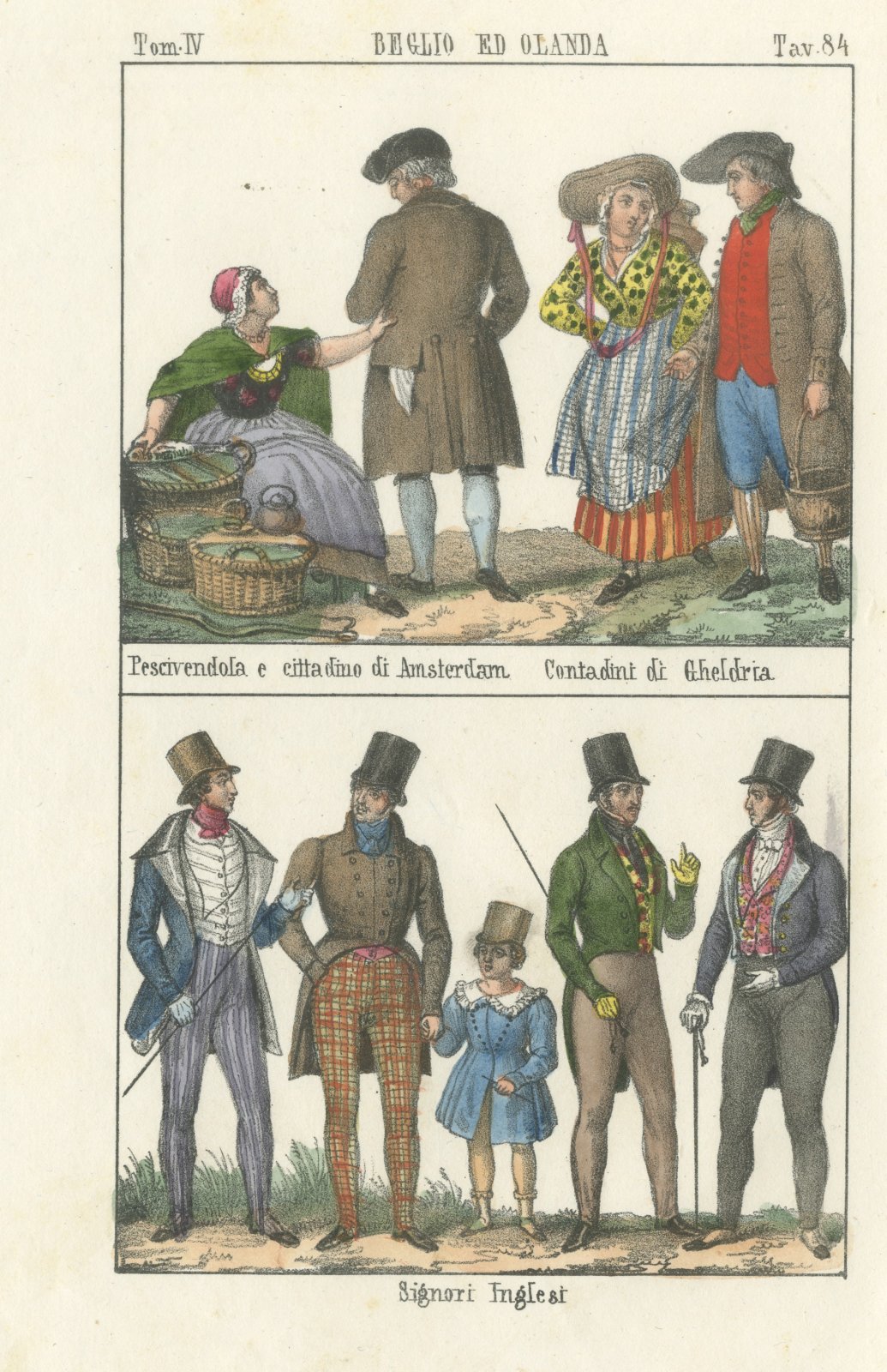 Amsterdam Fishwife, Gelderland Peasants and English Gentlemen, Lithograph, 1842