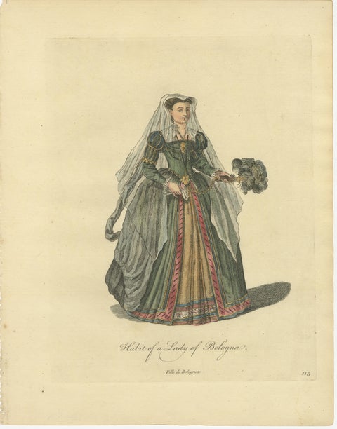 Bologna Renaissance Costume Engravings, Hand-Colored Italian Fashion Pair, 1749, view 2