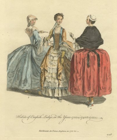 Three English Ladies of 1735, 1745 and 1755, Jefferys Costume Print, 1757