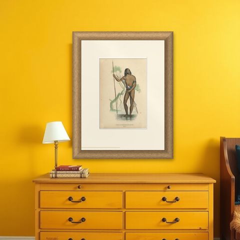 Antique Costume Print of a Native of Marianna Island by Wahlen, 1843, shown framed on a wall
