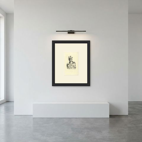 Warrior of the Sandwich Islands, Antique Wahlen Costume Print, 1843-1844, shown framed in a room