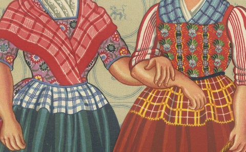 Chromolithograph of Frisian Women in Tall Sunday Hats and Checked Aprons, 1932, close-up 3