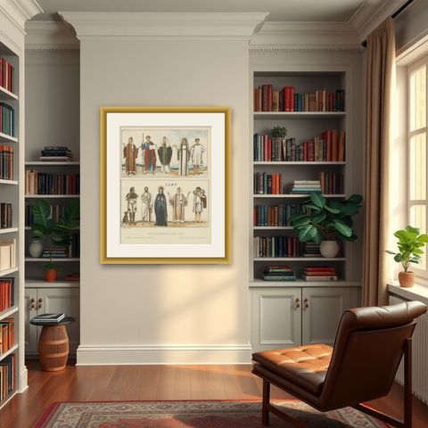 Early Christian Period Costume Plate, Antique Hand-Colored Print c.1880, shown framed in a room