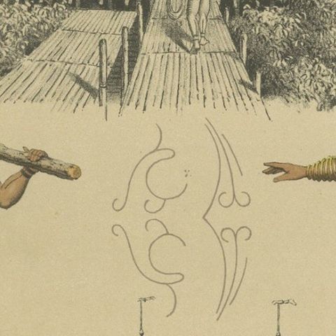 Pacific Island Ethnography, Canoe, Architecture & Costume, Antique Print c.1890, close-up 2