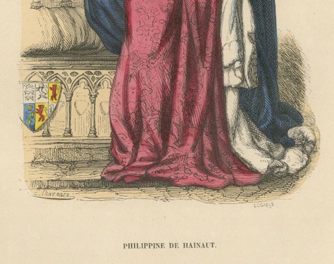 Queen Philippa of Hainaut in Ceremonial Attire, Costume Di Moyen Age, 1847, close-up 2