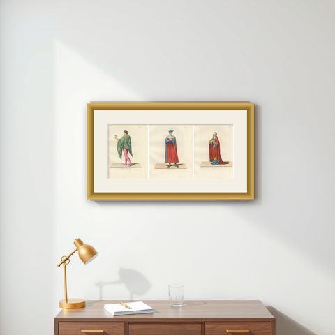 French Youth, Italian Nobleman and Noblewoman in Renaissance Costume, 1845 Print, shown framed on a wall